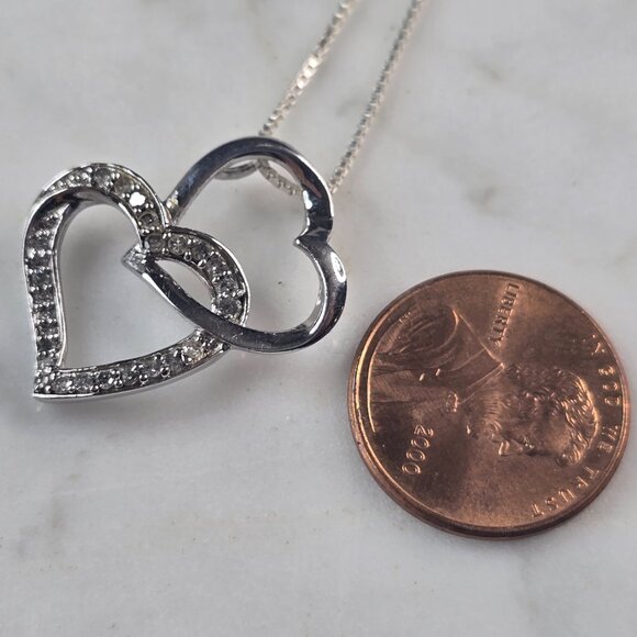 Womens Vintage Estate Sterling Silver Diamond Heart Pendant Necklace 3.6g E4620 - Picture 4 of 4